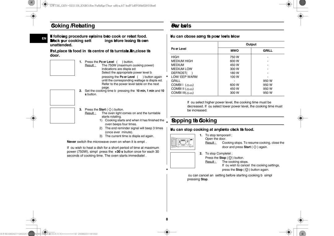 Samsung GW73E-WB/BOL, GW73E-WB/GEN, GW73E-WB/XEH manual Cooking / Reheating Power Levels, Stopping the Cooking, Output 