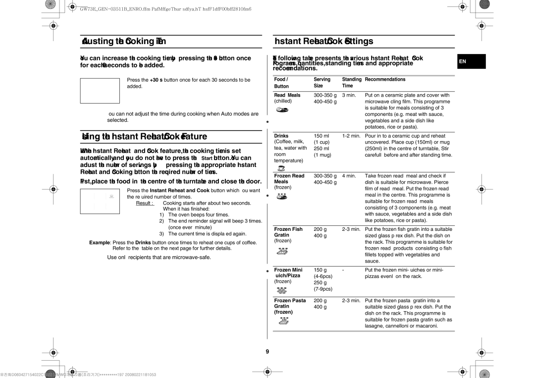 Samsung GW73E-WB/GEN manual Adjusting the Cooking Time Instant Reheat/Cook Settings, Using the Instant Reheat/Cook Feature 