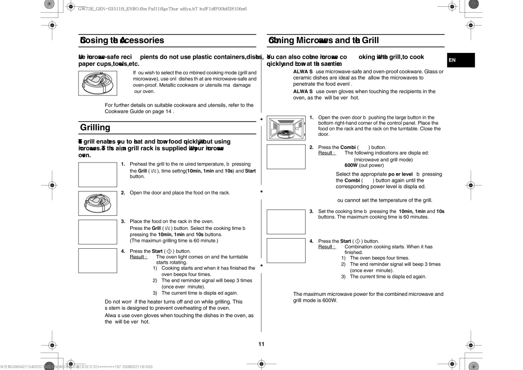 Samsung GW73E-WB/BOL, GW73E-WB/GEN, GW73E-WB/XEH manual Choosing the Accessories Combining Microwaves and the Grill, Grilling 