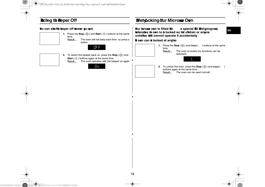 Samsung GW73E-WB/XEH, GW73E-WB/GEN, GW73E-WB/BOL manual Switching the Beeper Off Safety-Locking Your Microwave Oven 
