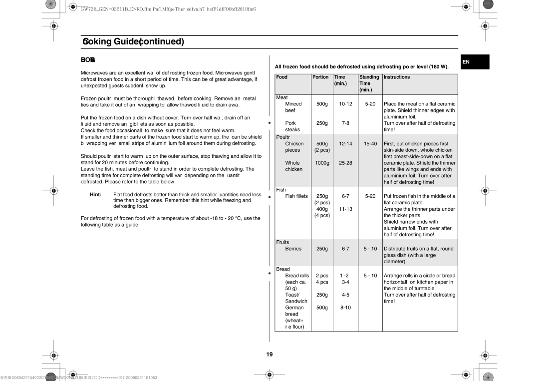 Samsung GW73E-WB/XEH, GW73E-WB/GEN, GW73E-WB/BOL manual Defrosting 