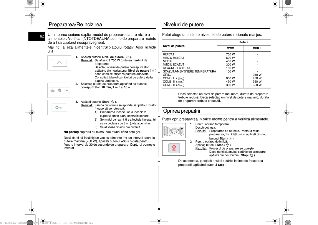 Samsung GW73E-WB/BOL, GW73E-WB/GEN, GW73E-WB/XEH manual Prepararea/Reîncălzirea, Niveluri de putere, Nivel de putere 