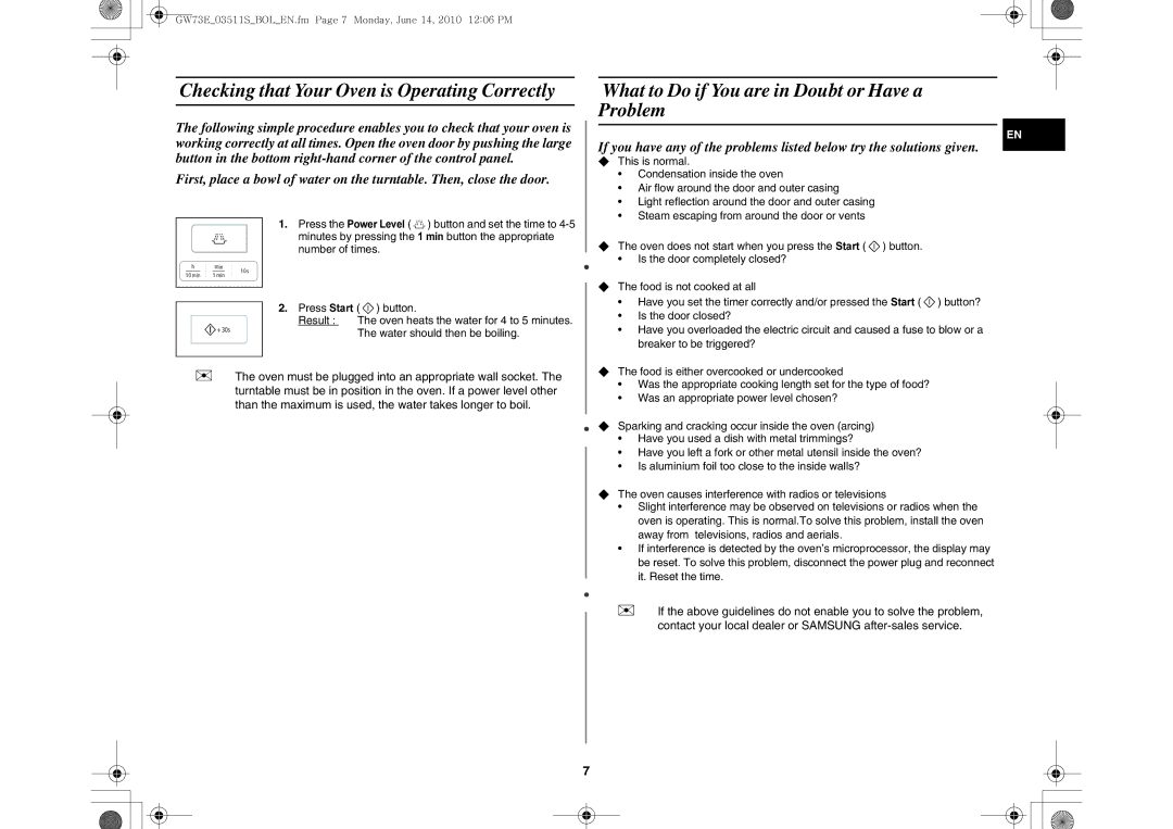 Samsung GW73E-WB/XEH Checking that Your Oven is Operating Correctly, What to Do if You are in Doubt or Have a Problem 