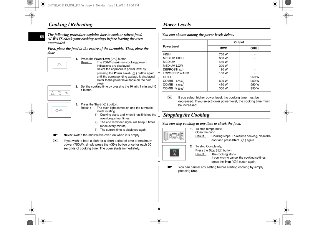 Samsung GW73E-WB/BOL, GW73E-WB/GEN, GW73E-WB/XEH manual Cooking / Reheating Power Levels, Stopping the Cooking, Output 