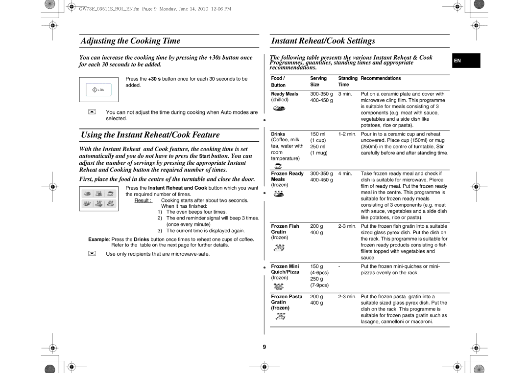 Samsung GW73E-WB/GEN manual Adjusting the Cooking Time Instant Reheat/Cook Settings, Using the Instant Reheat/Cook Feature 