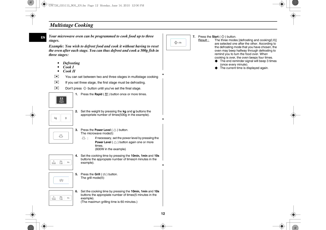 Samsung GW73E-WB/GEN, GW73E-WB/XEH, GW73E-WB/BOL manual Multistage Cooking, Example Press the Start button 