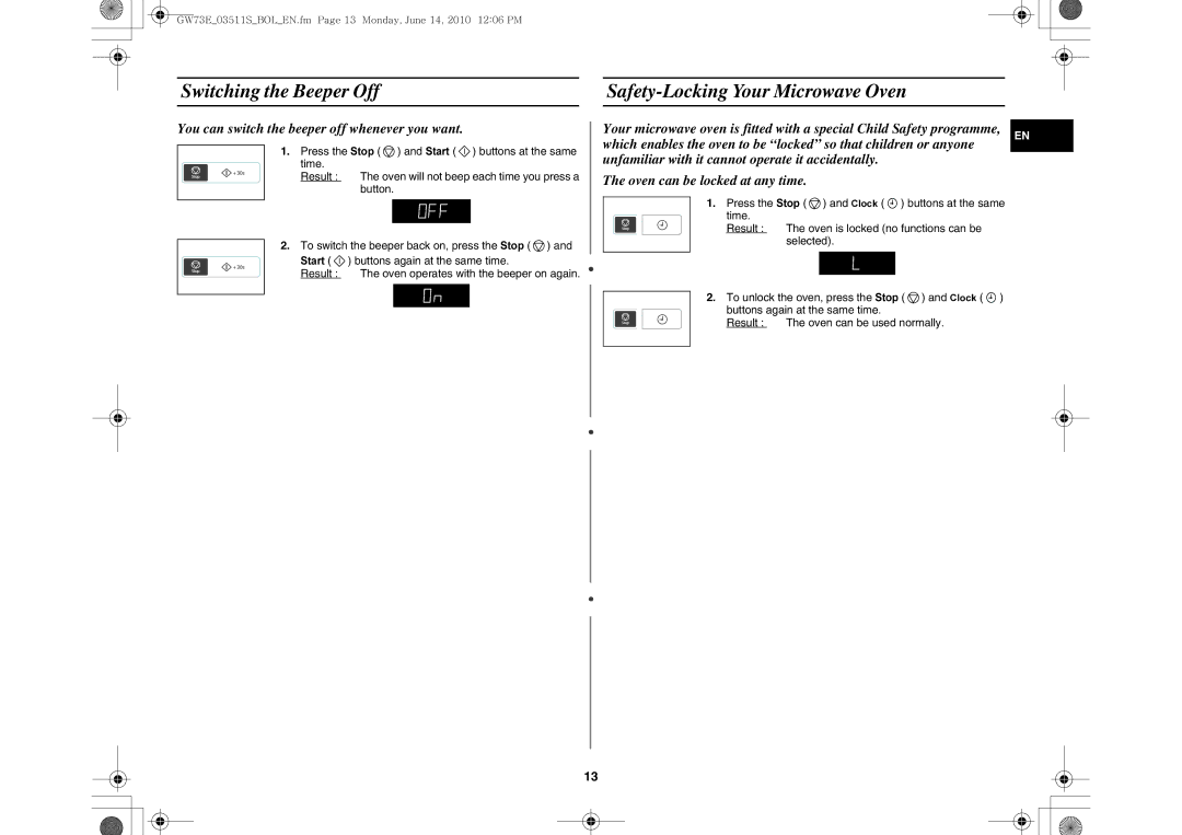 Samsung GW73E-WB/XEH, GW73E-WB/GEN, GW73E-WB/BOL manual Switching the Beeper Off Safety-Locking Your Microwave Oven 