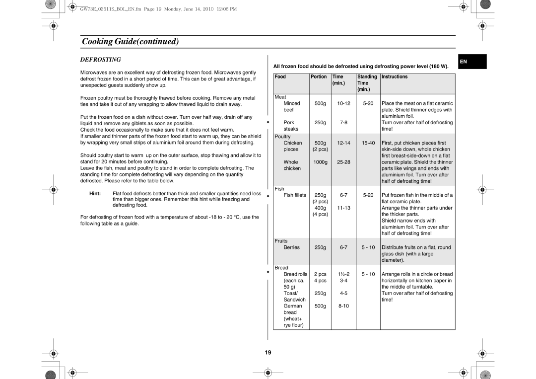 Samsung GW73E-WB/XEH, GW73E-WB/GEN, GW73E-WB/BOL manual Defrosting 