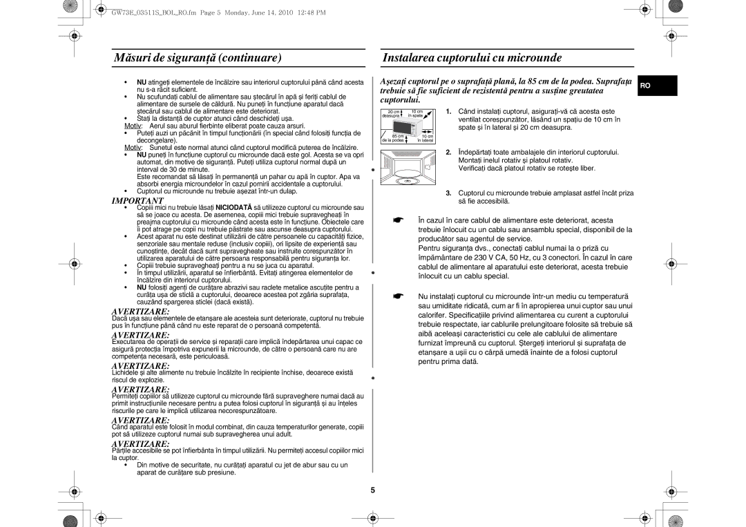 Samsung GW73E-WB/BOL, GW73E-WB/GEN, GW73E-WB/XEH manual Avertizare 