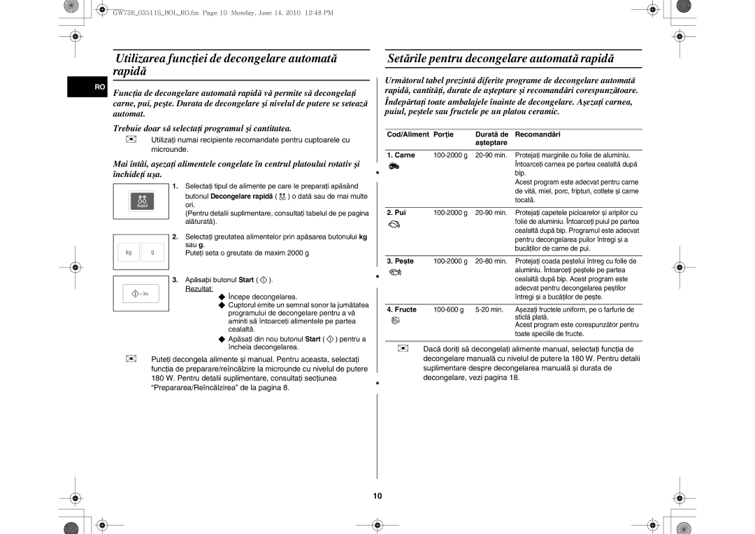 Samsung GW73E-WB/XEH manual Utilizarea funcţiei de decongelare automată rapidă, Setările pentru decongelare automată rapidă 