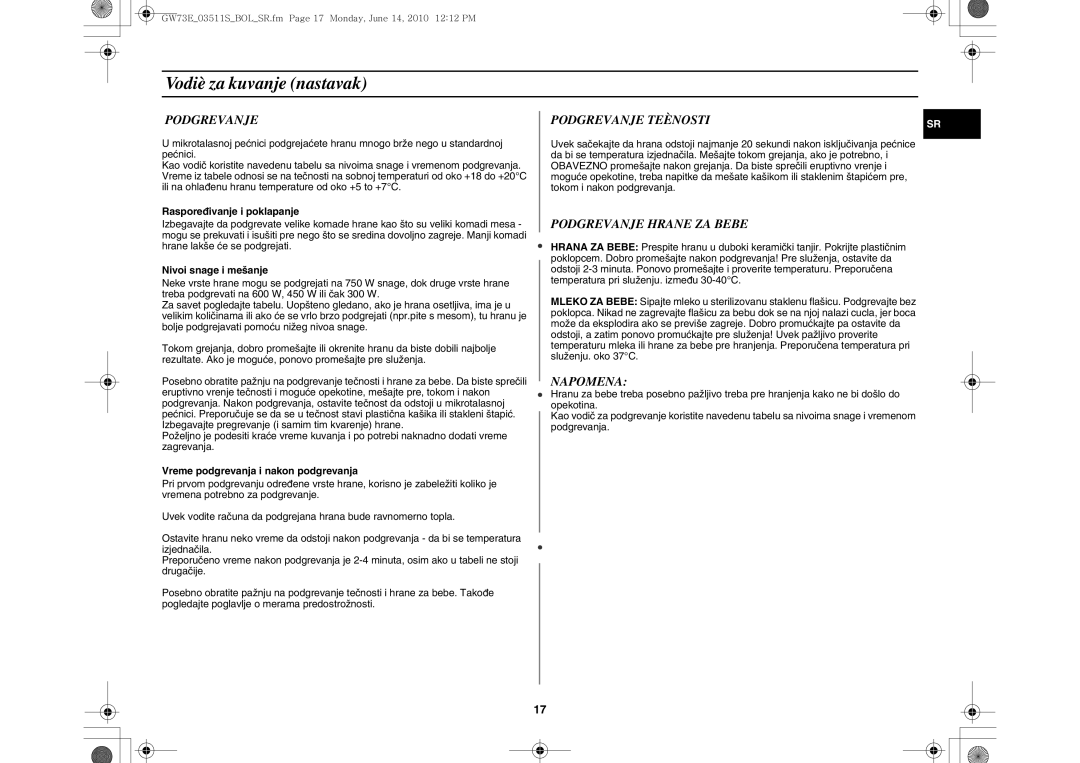 Samsung GW73E-WB/BOL, GW73E-WB/GEN, GW73E-WB/XEH manual Podgrevanje Hrane ZA Bebe, Napomena 