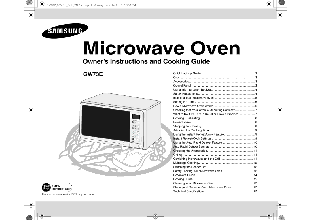 Samsung GW73E-WB/XEH, GW73E-WB/GEN, GW73E-WB/BOL manual Microwave Oven 