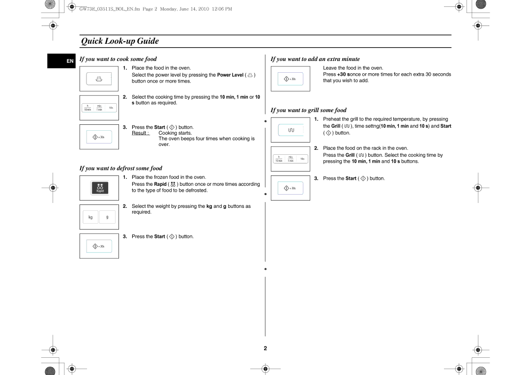 Samsung GW73E-WB/BOL, GW73E-WB/GEN manual Quick Look-up Guide, Grill Time settng10 min, 1 min and 10 s and Start Button 