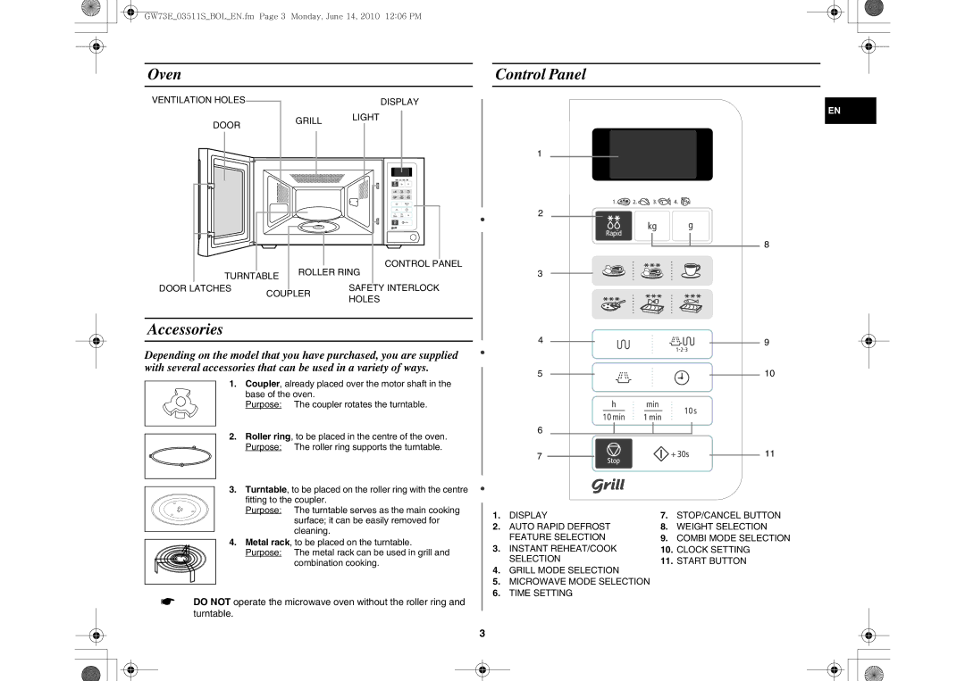 Samsung GW73E-WB/GEN, GW73E-WB/XEH, GW73E-WB/BOL manual Oven, Accessories Control Panel 