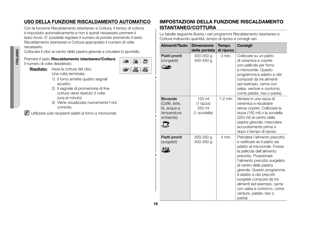 Samsung GW73E-WB/XET manual Uso della funzione riscaldamento automatico, Alimenti/Tasto Dimensione Tempo Consigli 