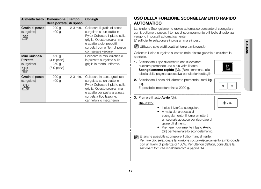 Samsung GW73E-WB/XET manual Uso della funzione scongelamento rapido automatico, Risultato 