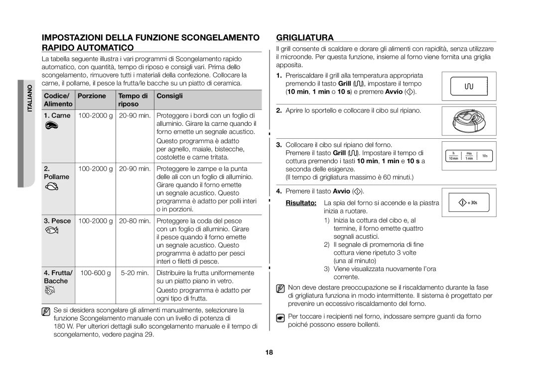 Samsung GW73E-WB/XET manual Impostazioni della funzione scongelamento rapido automatico, Grigliatura 