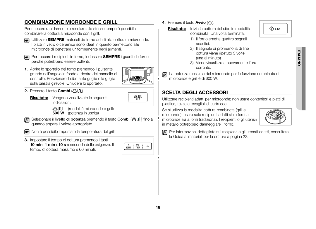 Samsung GW73E-WB/XET manual Combinazione microonde e grill, Scelta degli accessori 