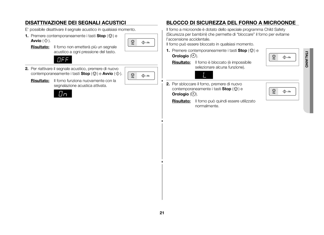 Samsung GW73E-WB/XET manual Disattivazione dei segnali acustici, Blocco di sicurezza del forno a microonde, Avvio 