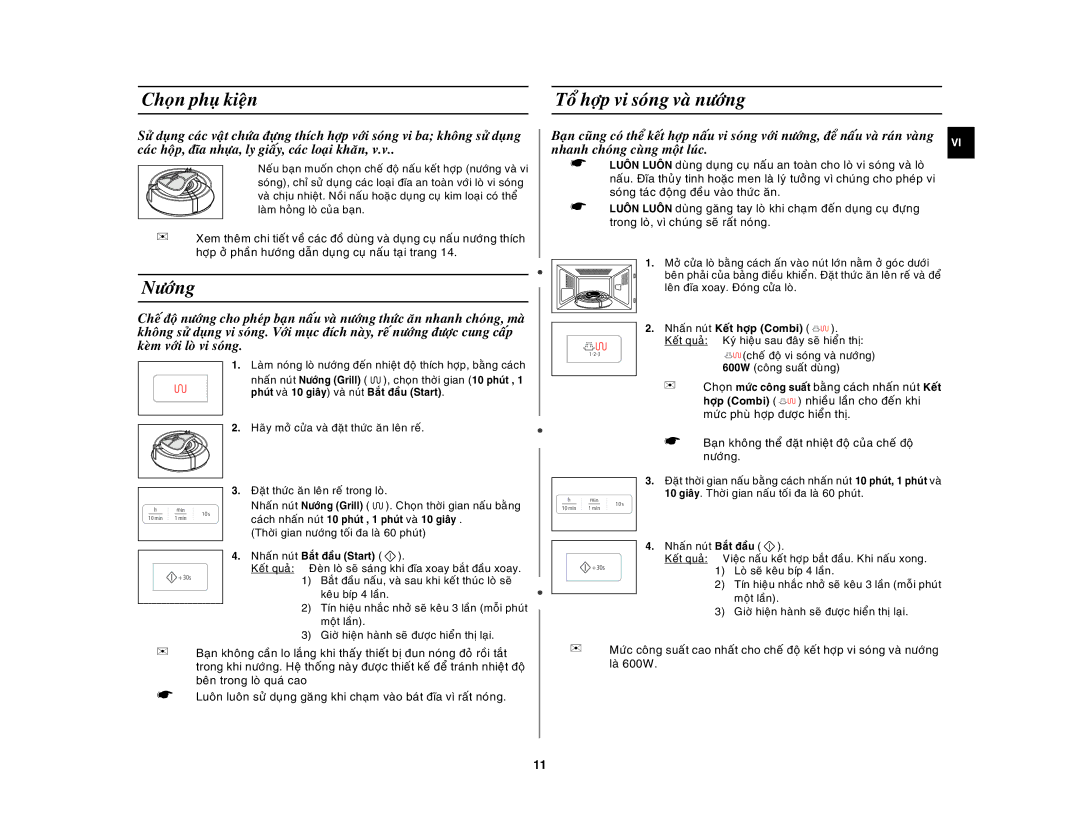 Samsung GW73E-SB/XSV manual Choïn phuï kieän Toå hôïp vi soùng vaø nöôùng, Nöôùng, Thôøi gian nöôùng toái ña laø 60 phuùt 