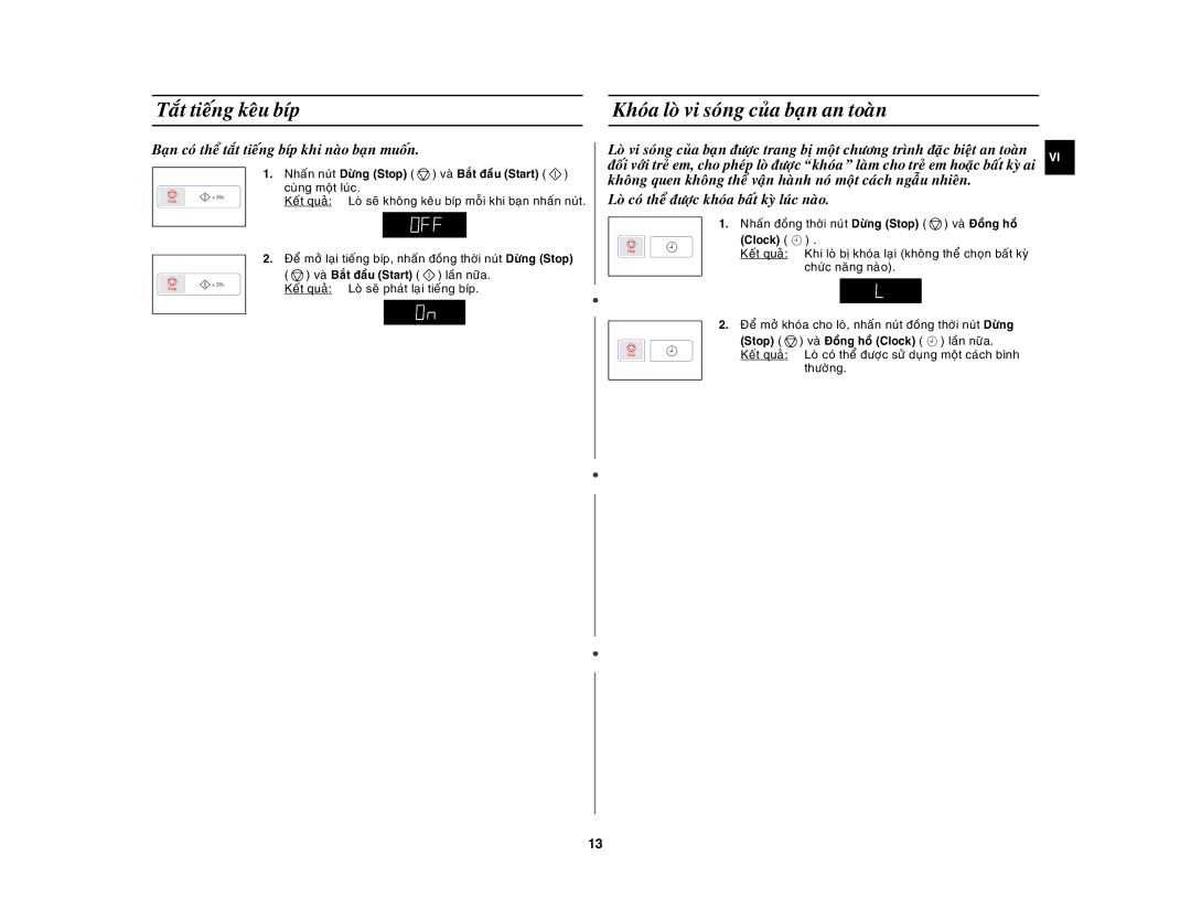 Samsung GW73E-SB/XSV, GW73E-WB/XSV manual Taét tieáng keâu bíp Khoùa loø vi soùng cuûa baïn an toaøn, Thöôøng 