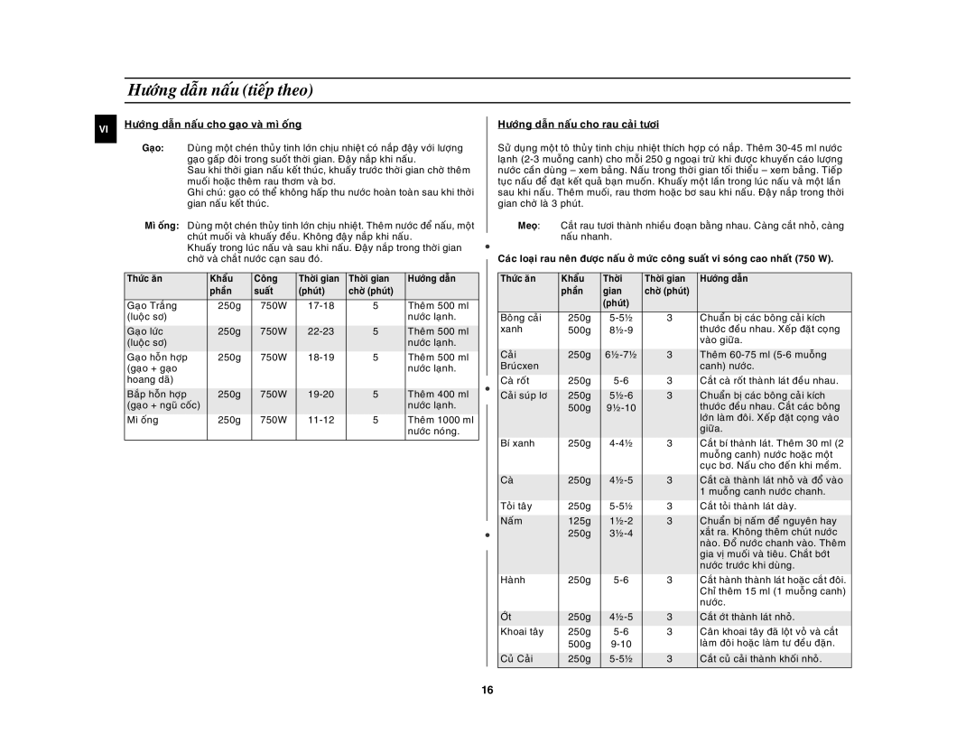 Samsung GW73E-WB/XSV, GW73E-SB/XSV manual Höôùng daãn naáu tieáp theo, Höôùng daãn naáu cho gaïo vaø mì oáng 