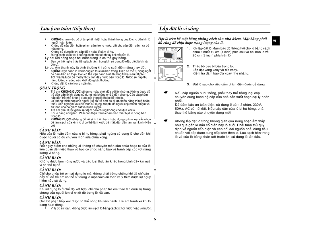 Samsung GW73E-SB/XSV, GW73E-WB/XSV manual Löu yù an toaøn tieáp theo Laép ñaët loø vi soùng, Quan Troïng, Caûnh Baùo 