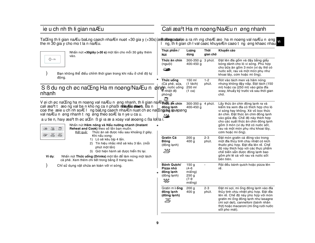 Samsung GW73E-SB/XSV, GW73E-WB/XSV manual Ñieàu chænh thôøi gian naáu, Söû duïng chöùc naêng Haâm noùng/Naáu nöôùng nhanh 