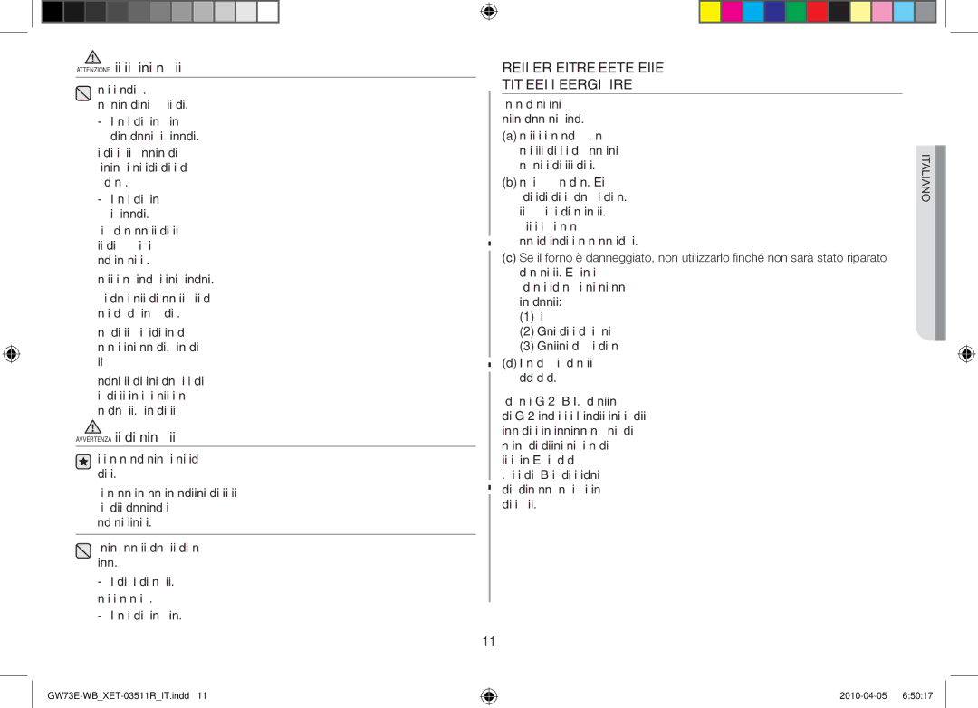 Samsung GW73E/XET manual Avvertenza Simboli di attenzione per la pulizia 