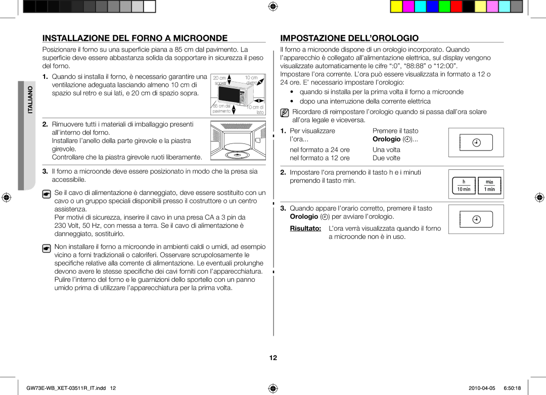 Samsung GW73E/XET manual Installazione del forno a microonde, Impostazione dell’orologio, Orologio 