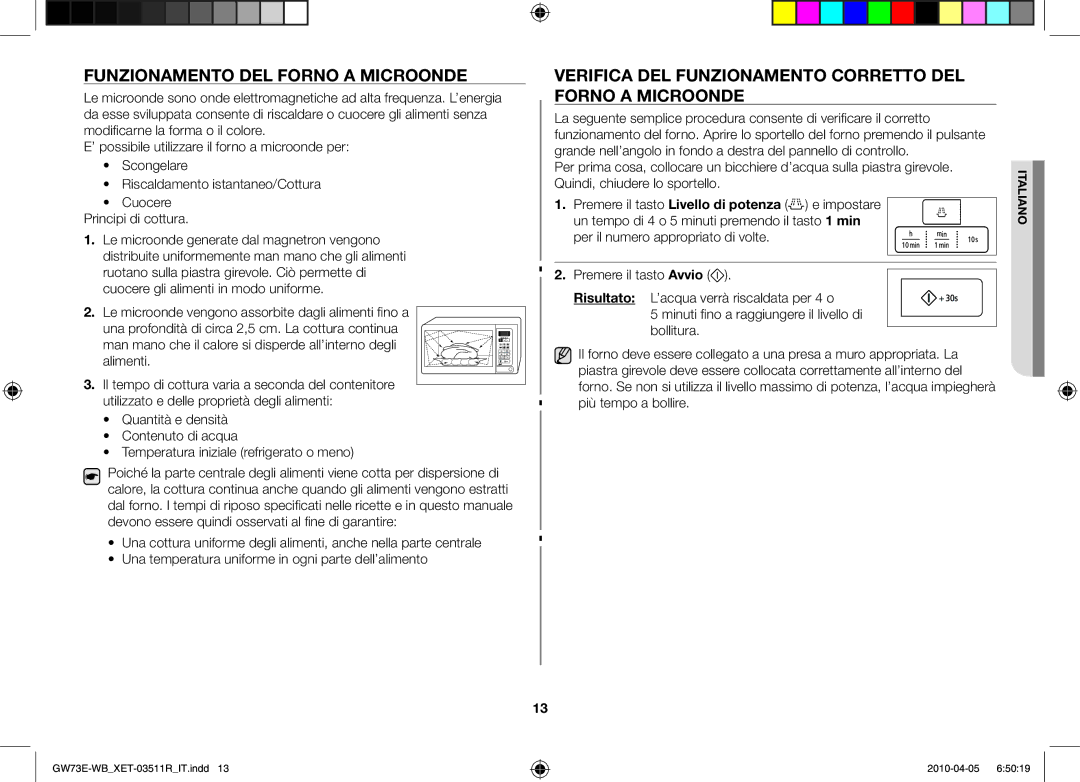 Samsung GW73E/XET manual Funzionamento del forno a microonde, Verifica del funzionamento corretto del forno a microonde 