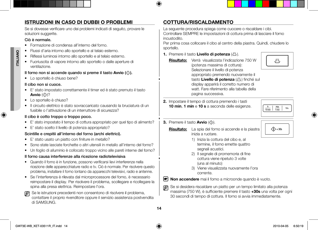 Samsung GW73E/XET manual Istruzioni in caso di dubbi o problemi, Cottura/Riscaldamento 