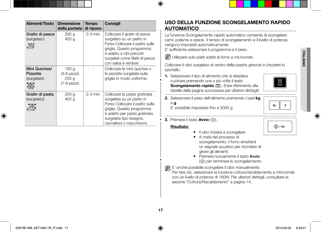 Samsung GW73E/XET manual Uso della funzione scongelamento rapido automatico, Risultato 