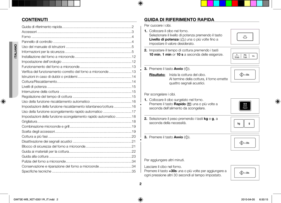 Samsung GW73E/XET manual Contenuti, Guida di riferimento rapida 