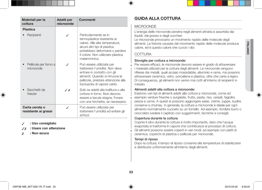 Samsung GW73E/XET manual Guida alla cottura, Carta cerata o, Uso consigliato Usare con attenzione Non sicura 