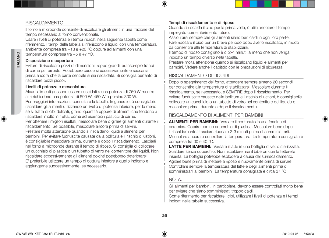 Samsung GW73E/XET manual Riscaldamento 