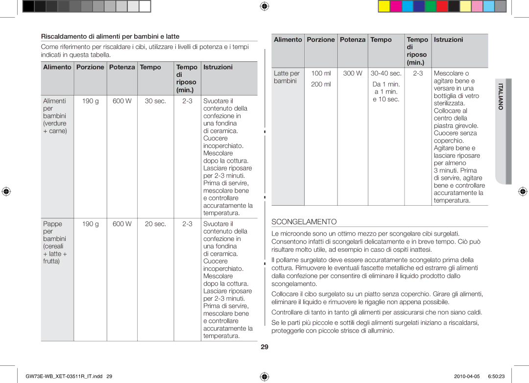 Samsung GW73E/XET manual Scongelamento, Porzione Potenza Tempo Istruzioni Riposo Min 