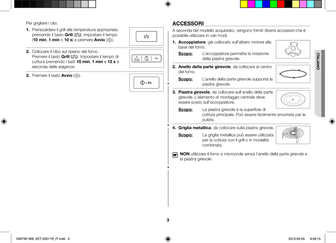 Samsung GW73E/XET manual Accessori, Scopo, Anello della parte girevole , da collocare al centro 