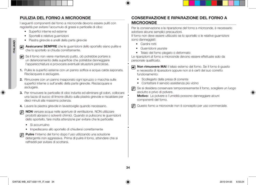 Samsung GW73E/XET manual Pulizia del forno a microonde, Conservazione e riparazione del forno a microonde 