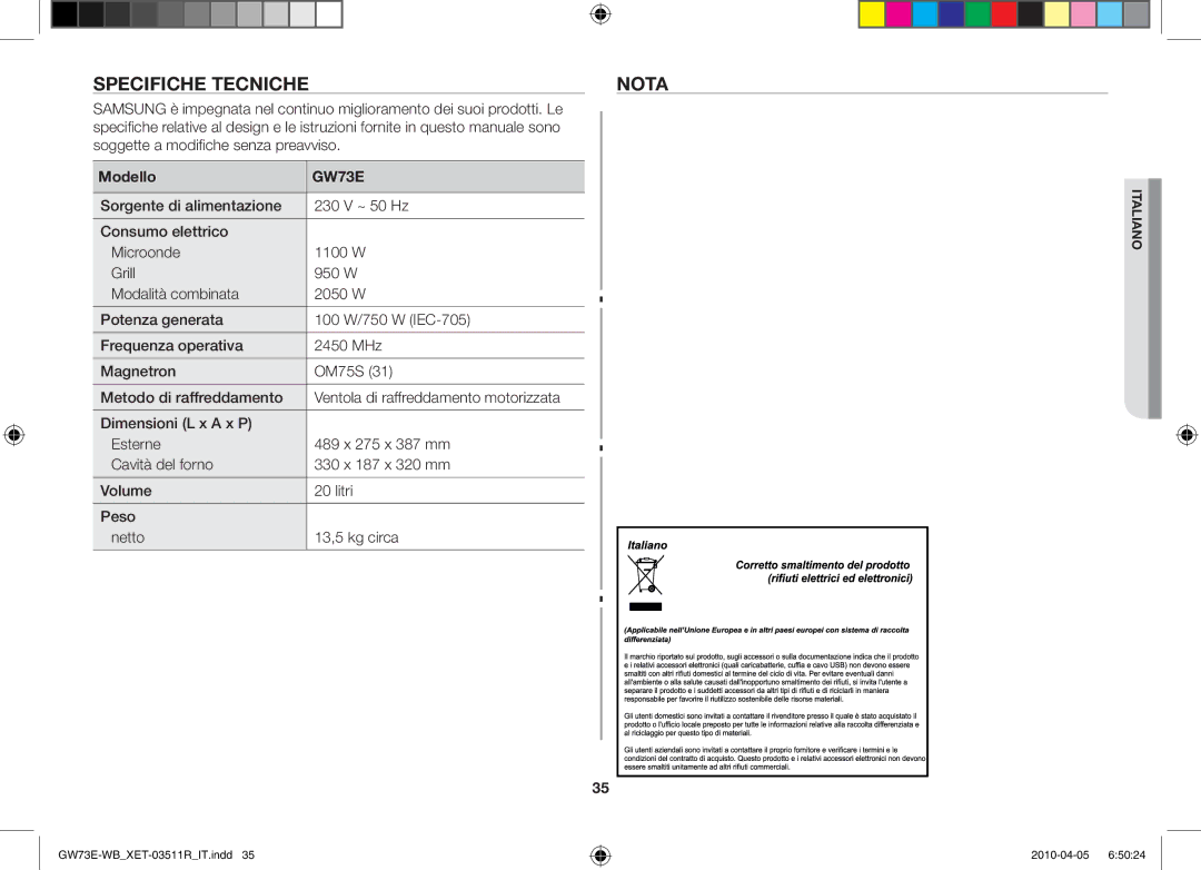 Samsung GW73E/XET manual Specifiche tecnicheNota, Modello 