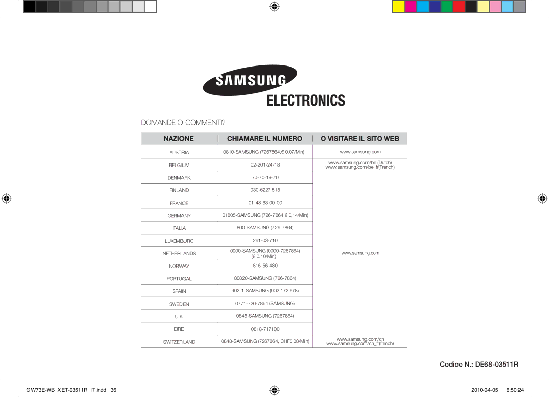 Samsung GW73E/XET manual Codice N. DE68-03511R 