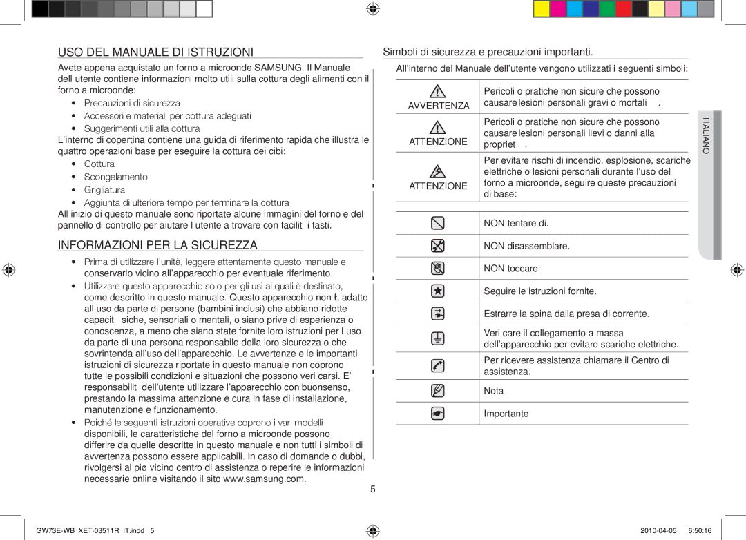 Samsung GW73E/XET Uso del manuale di istruzioni, Informazioni per la sicurezza, Causare lesioni personali gravi o mortali 