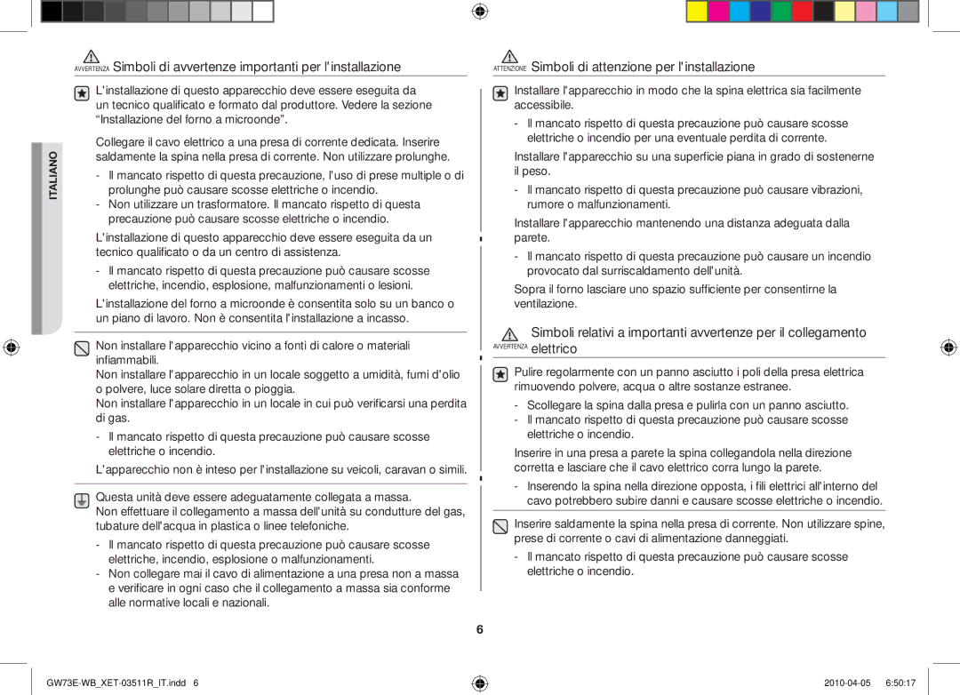 Samsung GW73E/XET manual Simboli relativi a importanti avvertenze per il collegamento 