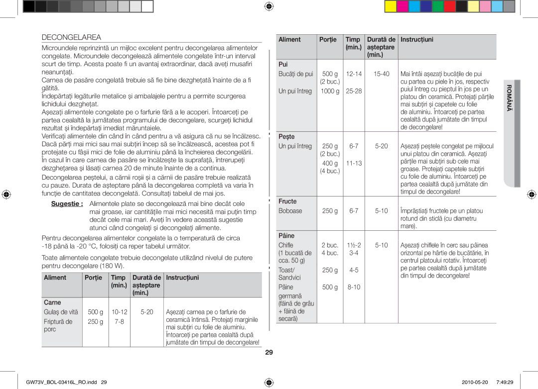 Samsung GW73V/BOL manual Decongelarea, Aliment Porţie Timp, Instrucţiuni Min 