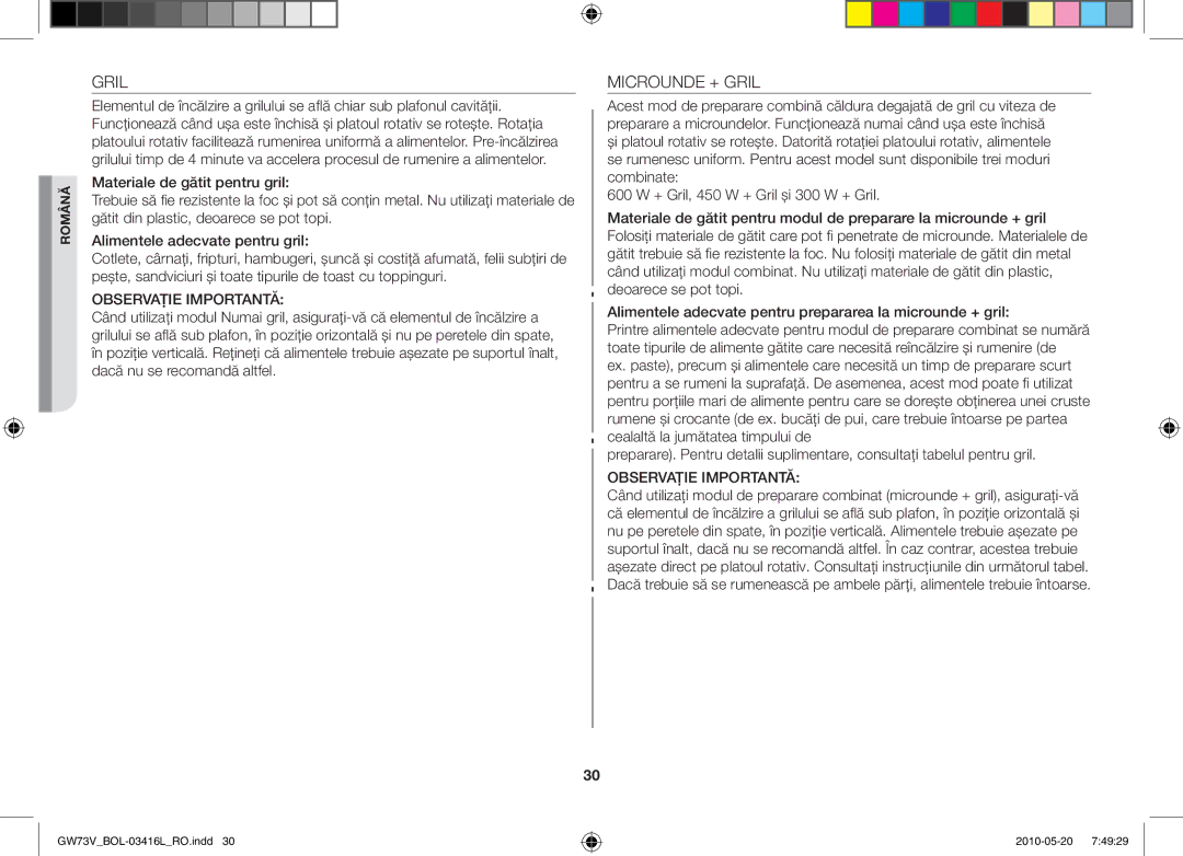 Samsung GW73V/BOL manual Microunde + Gril 