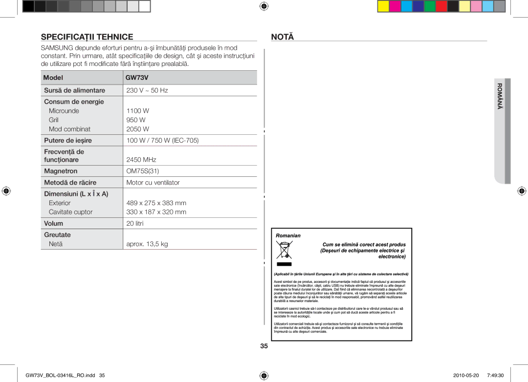 Samsung GW73V/BOL manual Specificaţii tehnice Notă, De utilizare pot fi modificate fără înştiinţare prealablă, Model 