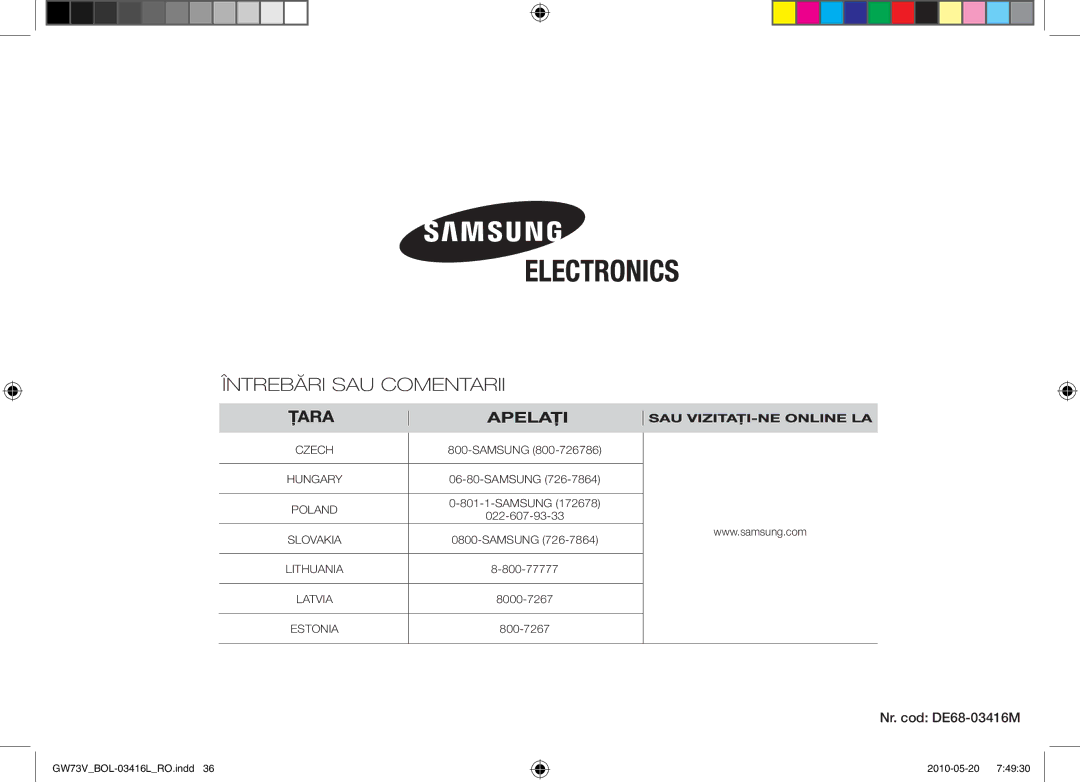 Samsung GW73V/BOL manual Nr. cod DE68-03416M 