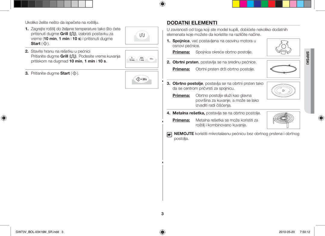 Samsung GW73V/BOL manual Dodatni elementi, Start, Primena 