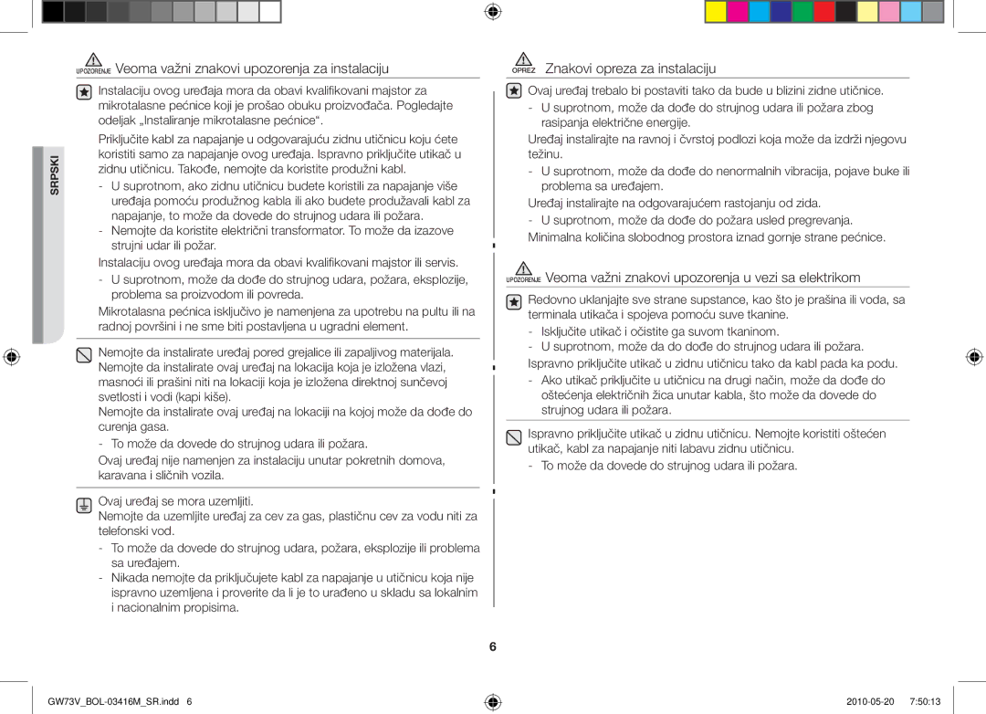 Samsung GW73V/BOL manual Upozorenje Veoma važni znakovi upozorenja za instalaciju, Oprez Znakovi opreza za instalaciju 