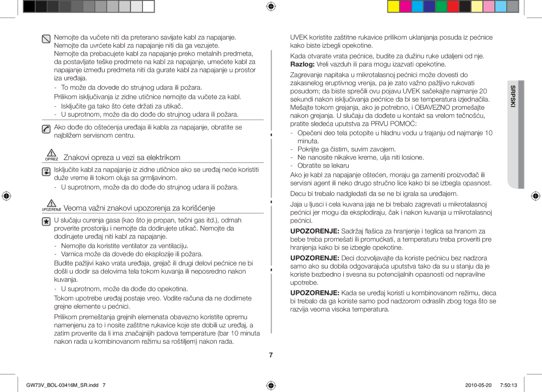 Samsung GW73V/BOL manual Oprez Znakovi opreza u vezi sa elektrikom, Upozorenje Veoma važni znakovi upozorenja za korišćenje 